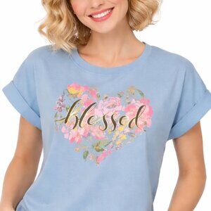 NWT - Medium blue top.  TRUSELF "Blessed" short sleeve shirt. Faith based tee